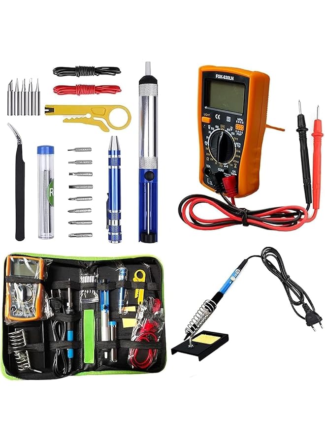إيروريكس طقم مكواة لحام 60 وات أداة لحام قابلة للتعديل درجة الحرارة مقياس متعدد رقمي قطعتان من أطراف مكواة اللحام مضخة فك اللحام أداة تجريد الأسلاك قاطعة ملقط حامل مكواة قطعتان من الأسلاك الإلكترونية - Image 1
