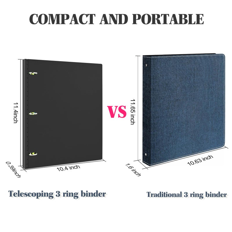 INFUN 1 Inch Telescoping 3 Ring Binder- 4 PCS-Black, Portable Plastic Binder with Telescoping Spine, 3 Ring Binders with Foldable Front Cover Holds 8.5" x 11" Paper for School,Office and Homes - Image 3