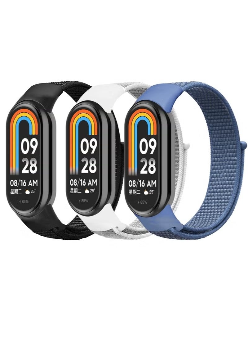 3 Pcs Nylon Strap Compatible with Xiaomi Mi Band 10/Mi Band 9/Mi Band 8 Soft Adjustable Band for Men and Women (Black+Light Grey+Blue) - Image 1