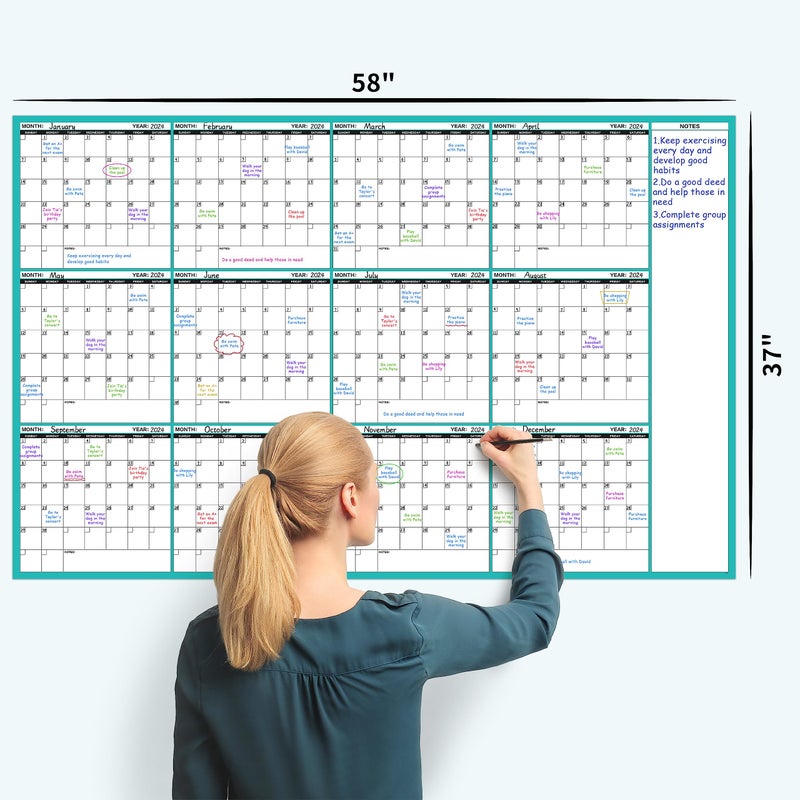 Lemome Large Dry Erase Calendar for Wall - Undated 12 Month Wall Calendar, 37â€Ã—58", Yearly Wall Calendar Dry Erase, Erasable & Reusable Calendar with 15 Round Stickers, Green Large Wall Calendar Dry Erase - Image 4