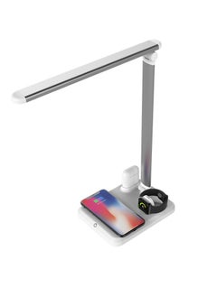 4 in 1 LED Desk Lamp with Wireless Charging Pad for iPhone/iWatch/AirPods/Touch Console Lamp, Apple Wireless Charging LED Desk Lamp, White + Silver