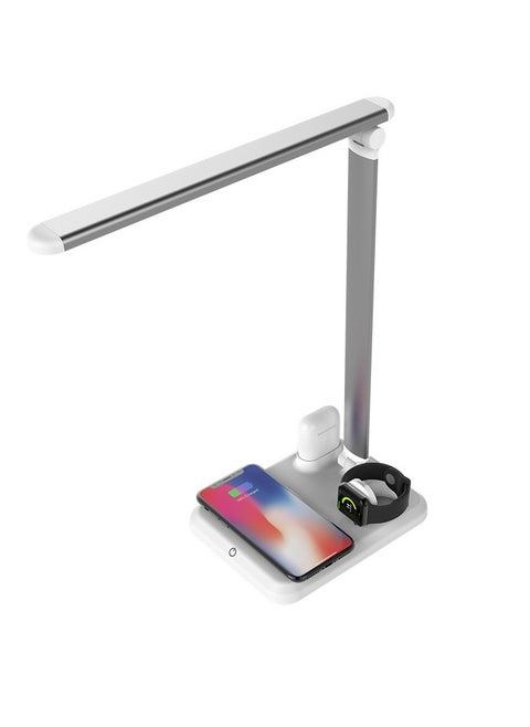 4 in 1 LED Desk Lamp with Wireless Charging Pad for iPhone/iWatch/AirPods/Touch Console Lamp, Apple Wireless Charging LED Desk Lamp, White + Silver