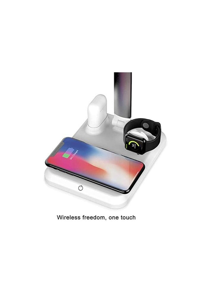 Generic - 4 in 1 LED Desk Lamp with Wireless Charging Pad for iPhone/iWatch/AirPods/Touch Console Lamp, Apple Wireless Charging LED Desk Lamp, White + Silver - Image 1