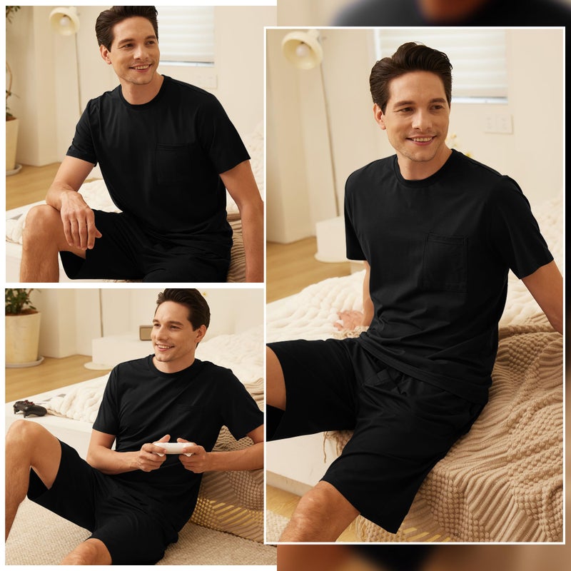 BAMBOO COOL Mens Pajama Set Sleepwear Pjs Lightweight Short Sleeve Shirts Soft Breathable Fresh Sleep Sets with Pockets S-3XL C-black - Image 2