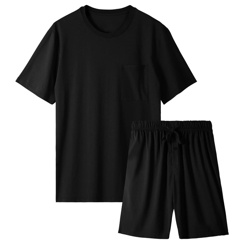 BAMBOO COOL Mens Pajama Set Sleepwear Pjs Lightweight Short Sleeve Shirts Soft Breathable Fresh Sleep Sets with Pockets S-3XL C-black - Image 1