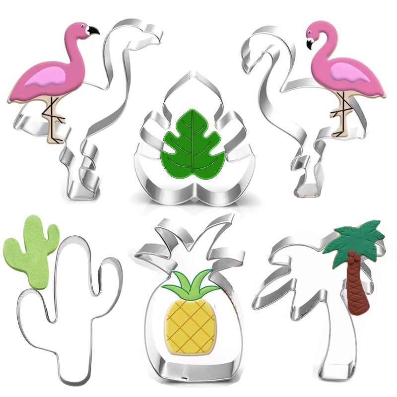 LUBTOSMN LUBTOSMN Hawaiian Cookie Cutter Set  6 Piece Cactus Pineapple Flamingo Monstera Leaf Palm Tree  Tropical Cookie Cutters for Summer Parties 