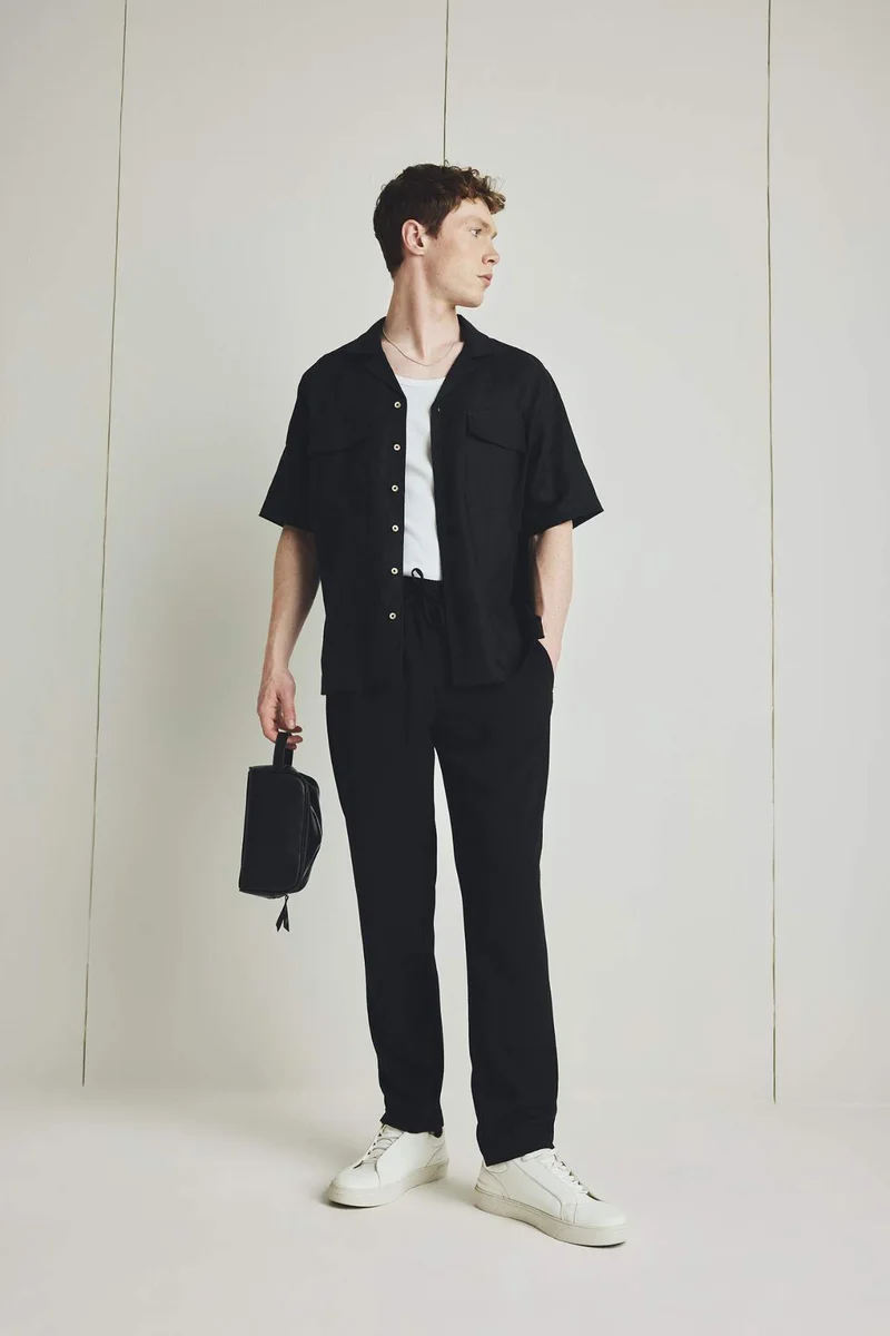 Relax Fit Crop Linen Look Elastic Waist Trousers