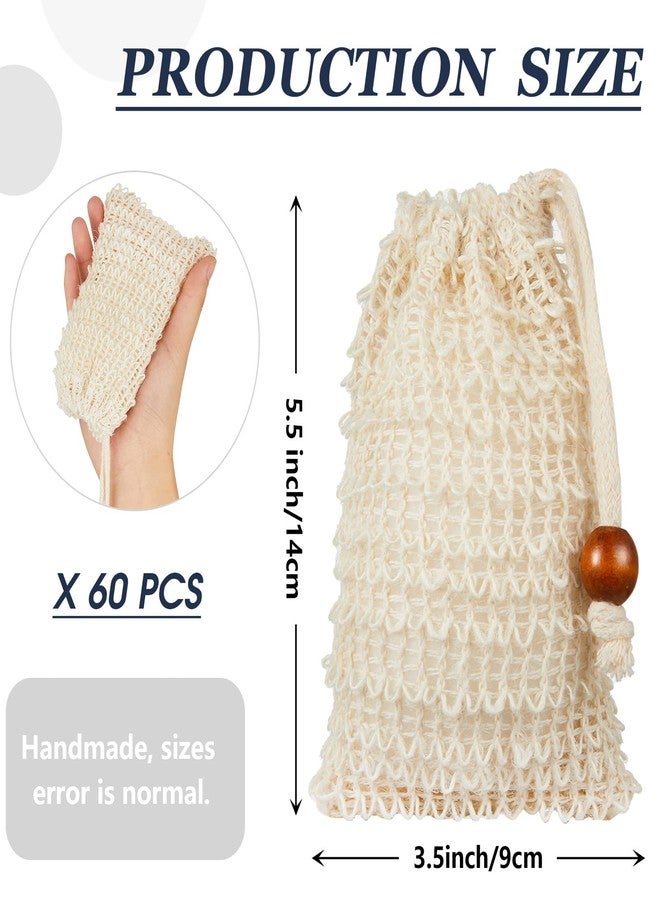 Cunhill 60 Pack Soap Saver Bag Exfoliating Sisal Soap Pouch with Drawstring Bar Wooden Bead Foaming and Drying Exfoliating Net for Bath and Shower (3.5x5.5 Inch) - Image 2