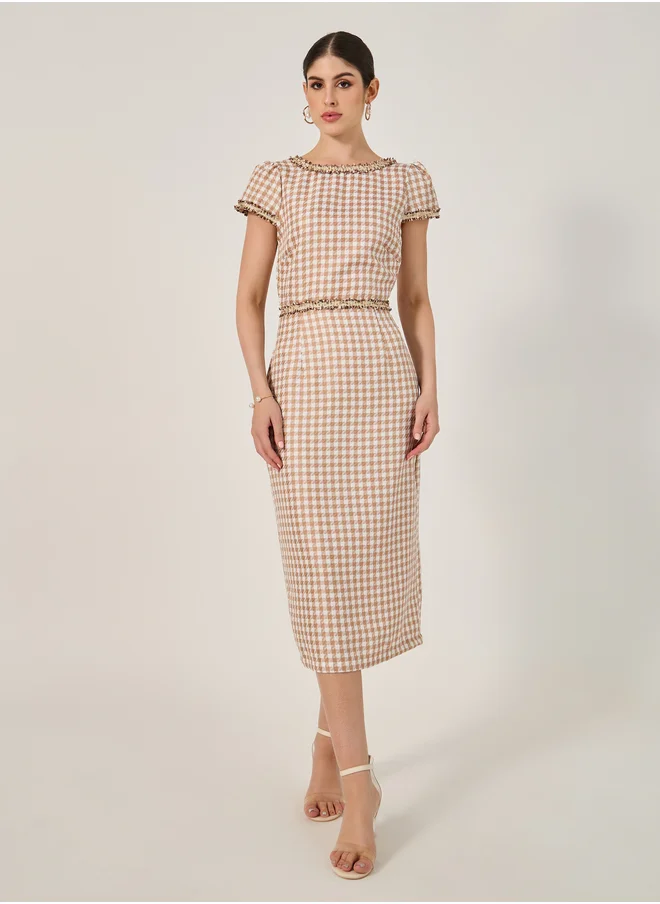 ستايلي Checked Short Sleeve Bodycon Midi Dress