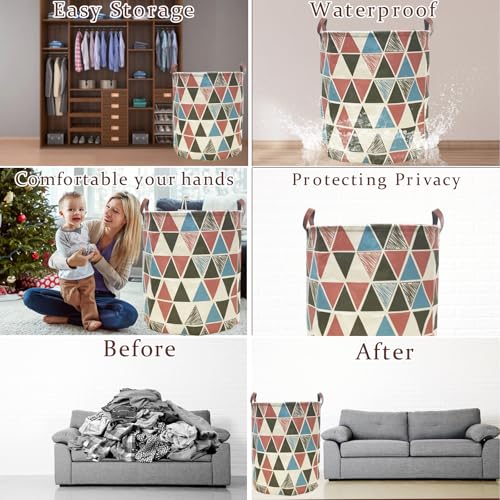 TeLUVHome Waterproof Laundry Hamper Collapsible Laundry Basket Leather Handle Laundry Bag Large Clothes Storage Toy Organization for Bathroom Bedroom Laundryroom College Dorms (Caisanjiao-002) - Image 3