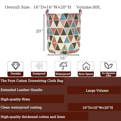 TeLUVHome Waterproof Laundry Hamper Collapsible Laundry Basket Leather Handle Laundry Bag Large Clothes Storage Toy Organization for Bathroom Bedroom Laundryroom College Dorms (Caisanjiao-002) - Image 2