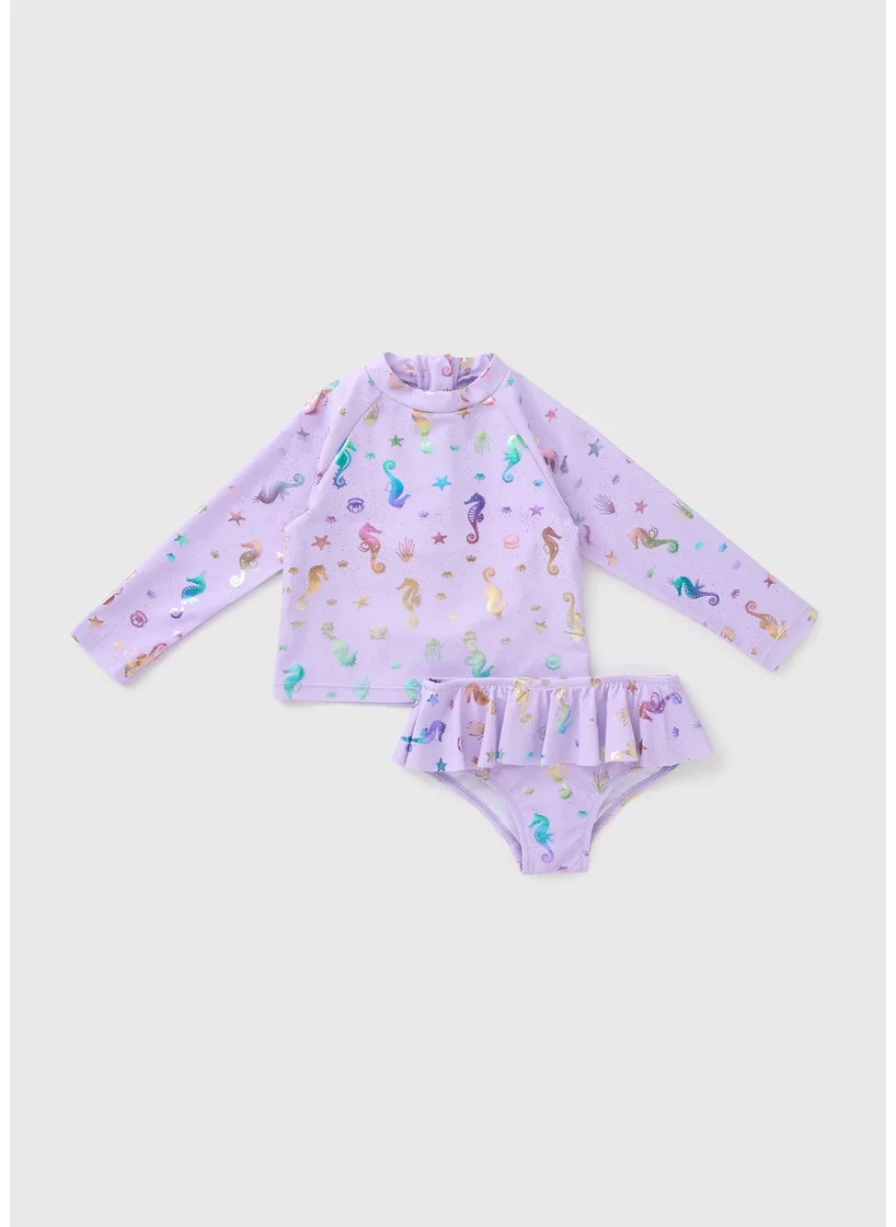 Matalan Girls Purple 2 Piece Seahorse Swimming Costume