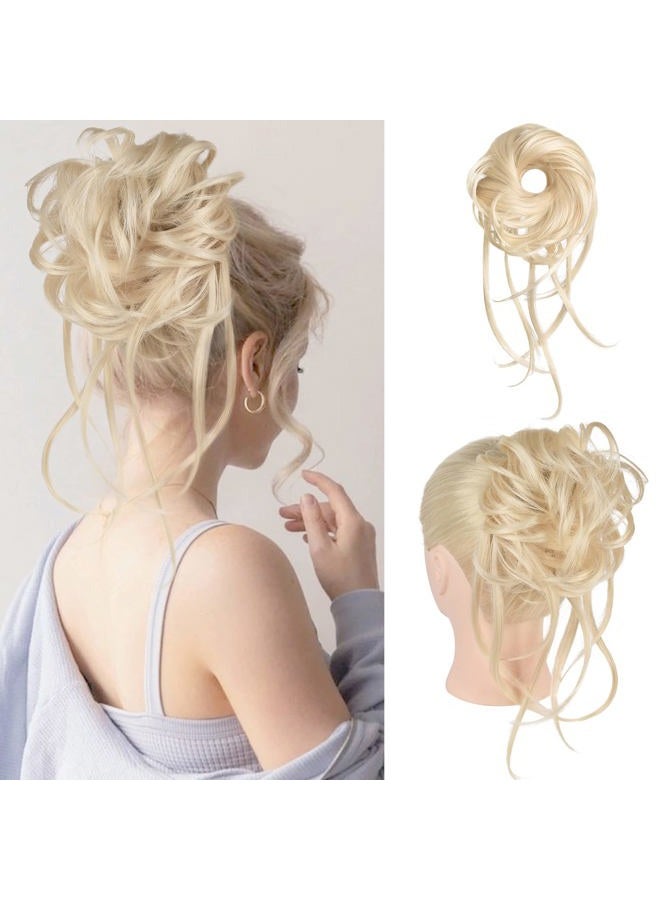 HOOJIH Messy Bun Hair Piece, Super Long Tousled Updo Hair Bun Extensions Wavy Hair Wrap Ponytail Hairpieces Hair Scrunchies with Elastic Hair Band for Women HB007 Grace - Cool Light Blonde - Image 1