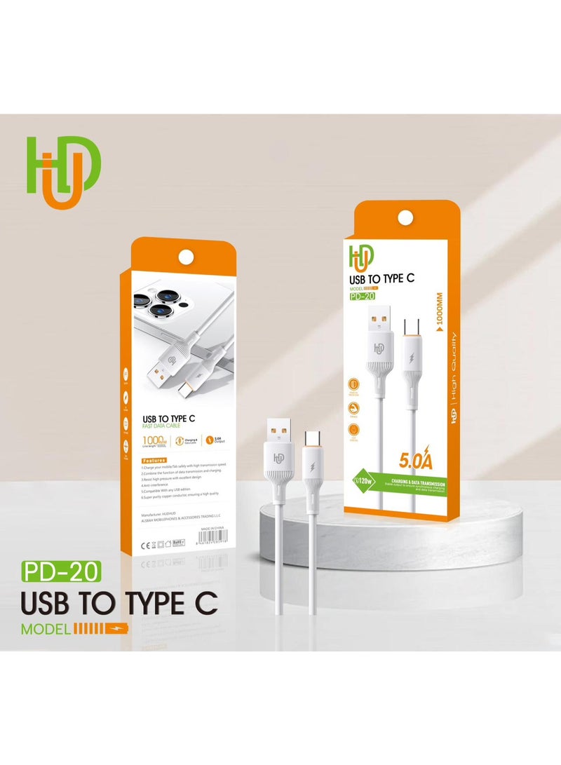 كابل شحن سريع USB إلى Type-C PD-20 بقوة 5 أمبير، بطول 1000 مم، مصنوع من المطاط المتين، متوافق مع هواتف iPhone وSamsung وXiaomi وهواتف Android - نقل بيانات وشحن عالي السرعة