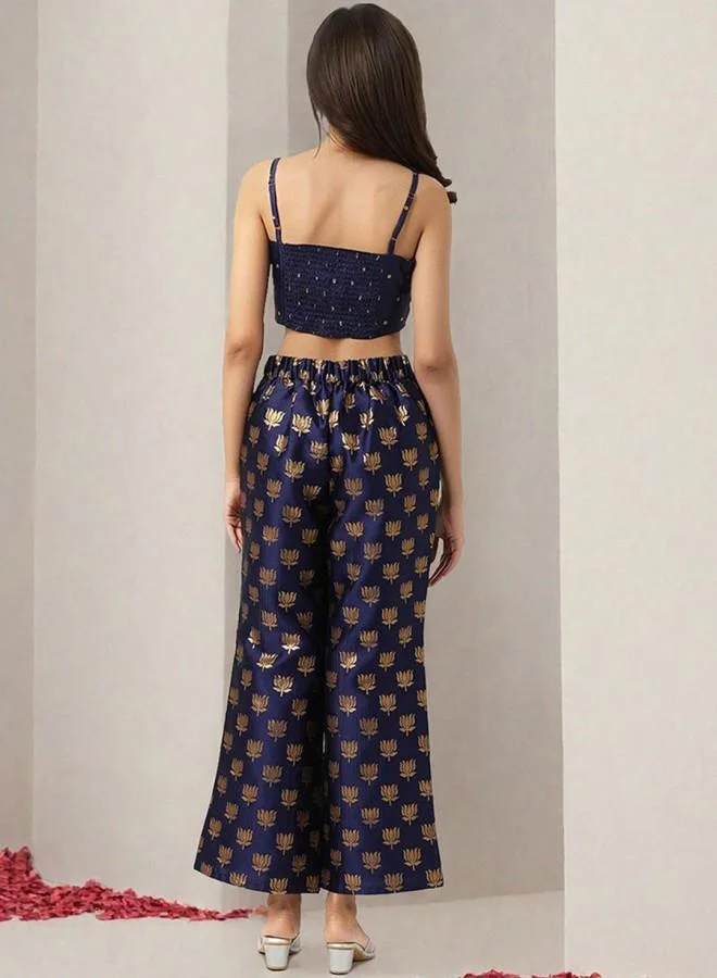 ISHIN  Women'S Blue Polyester Blend Embroidered Tunic Full Length Palazzo Straight Fit Co Ords for Women | Best Price UAE