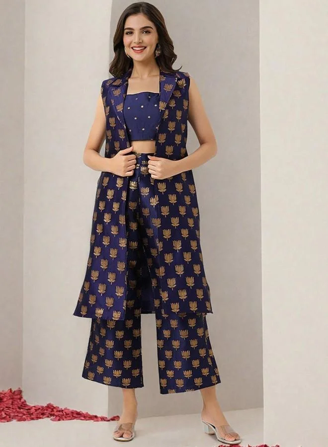 Women'S Blue Polyester Blend Embroidered Tunic Full Length Palazzo Straight Fit Co Ords