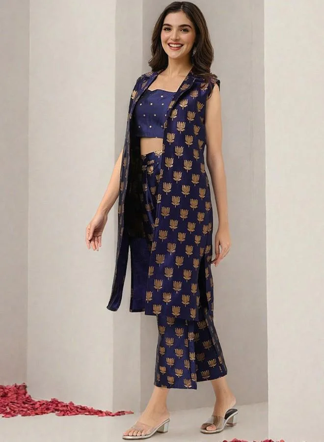 ISHIN  Women'S Blue Polyester Blend Embroidered Tunic Full Length Palazzo Straight Fit Co Ords for Women | Best Price UAE