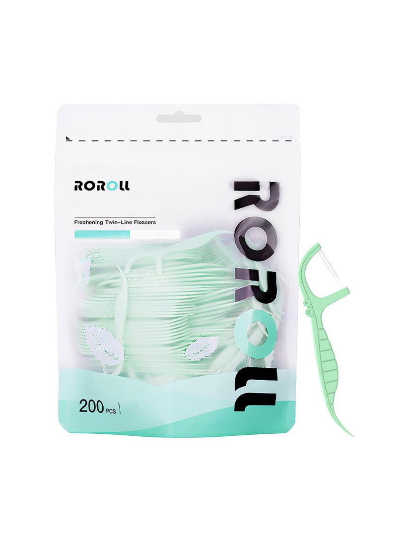 Roroll Freshening Twin-Line Flossers with Mint Flavor for Oral Health, Easy-to-Use Dental Floss, Dental Brushes for Effective Teeth Care, 200 PCS - Image 1