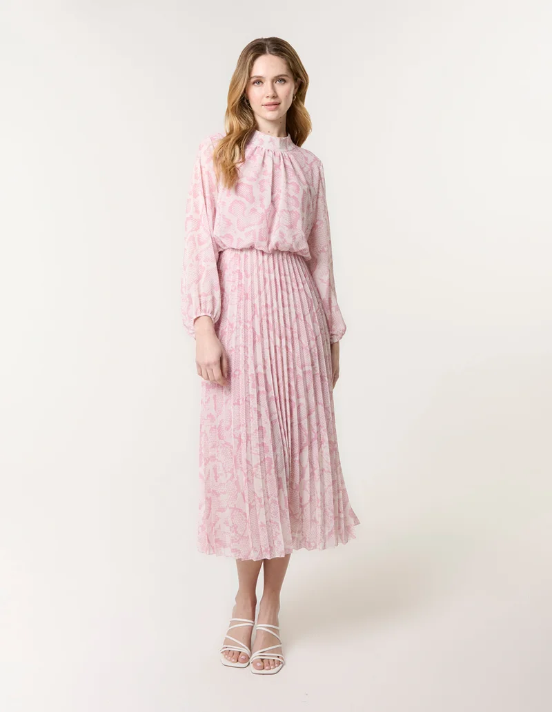 Blue Vanilla Snakeskin High Neck Pleat Dress