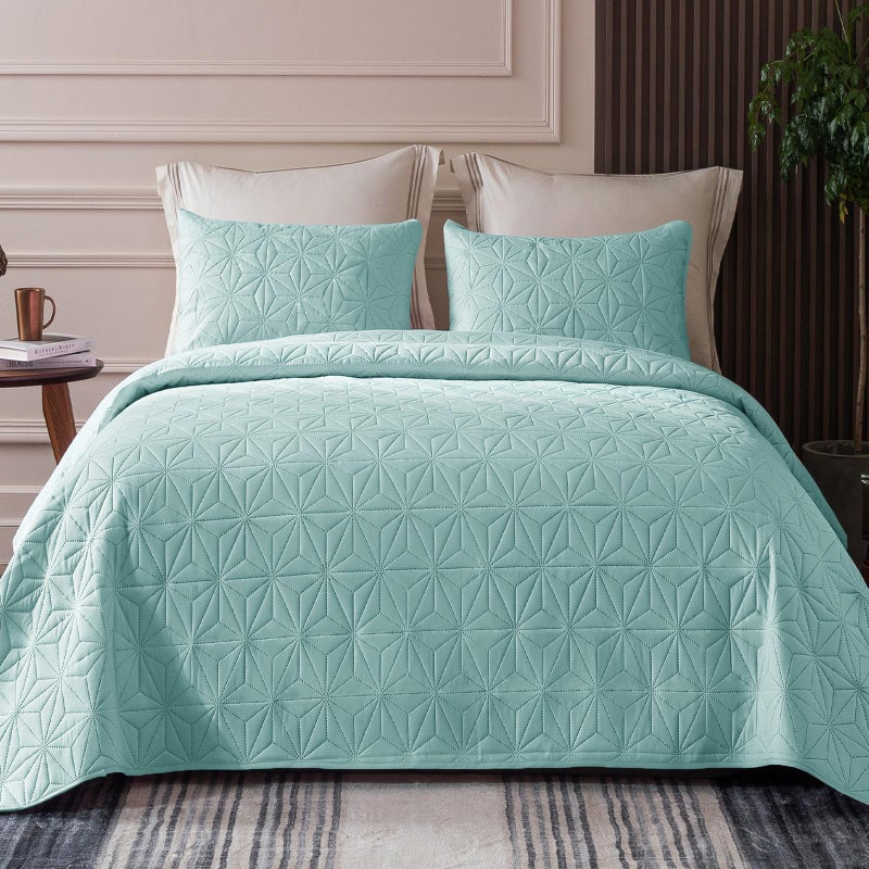 Whale Flotilla Twin Quilt Bedding Set Soft Light Blue Bedspreads Quilts Twin XL Size for All Seasons 2 Pieces Lightweight Geometric Star Pattern Coverlet