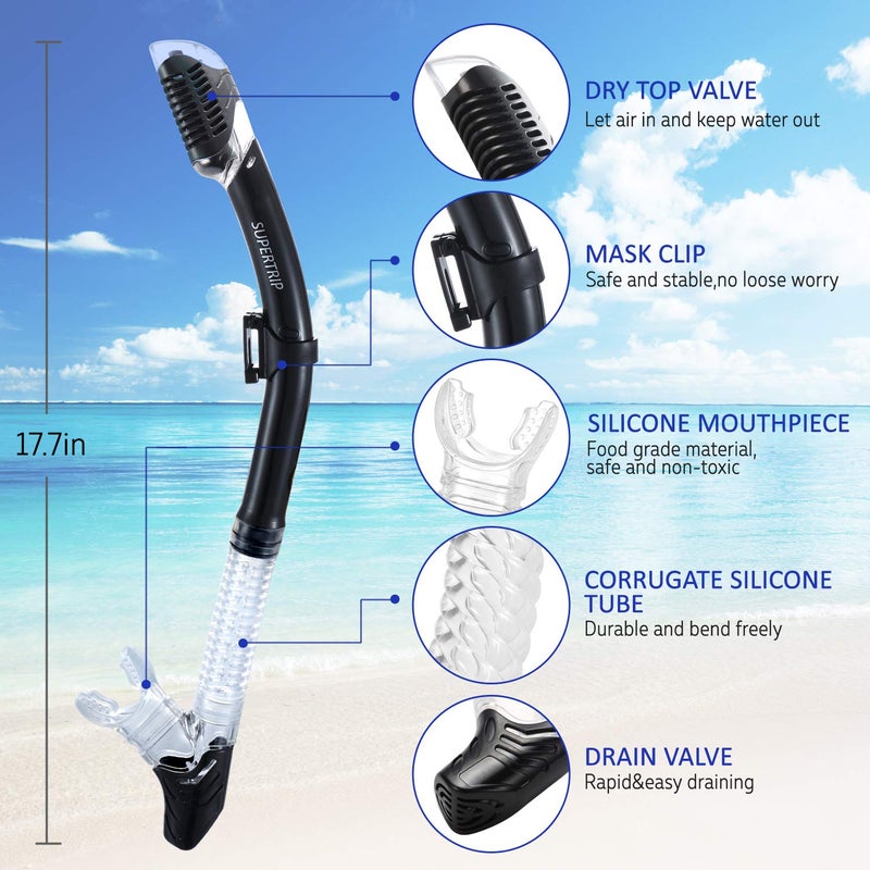 Supertrip Dry Snorkel Adult, Scuba Diving with Splash Guard and Top Valve, Freediving Snorkeling Swimming Snorkel for Adults Youth - Image 2