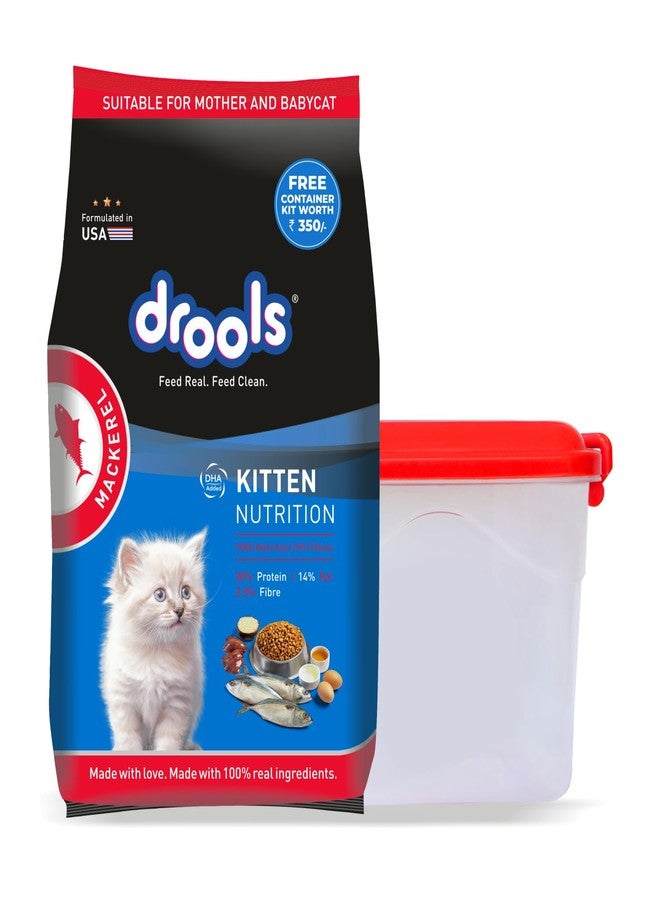 Drools Kitten Dry Cat Food, Mackerel Flavour 1 kg with Free Container Pack - Image 1