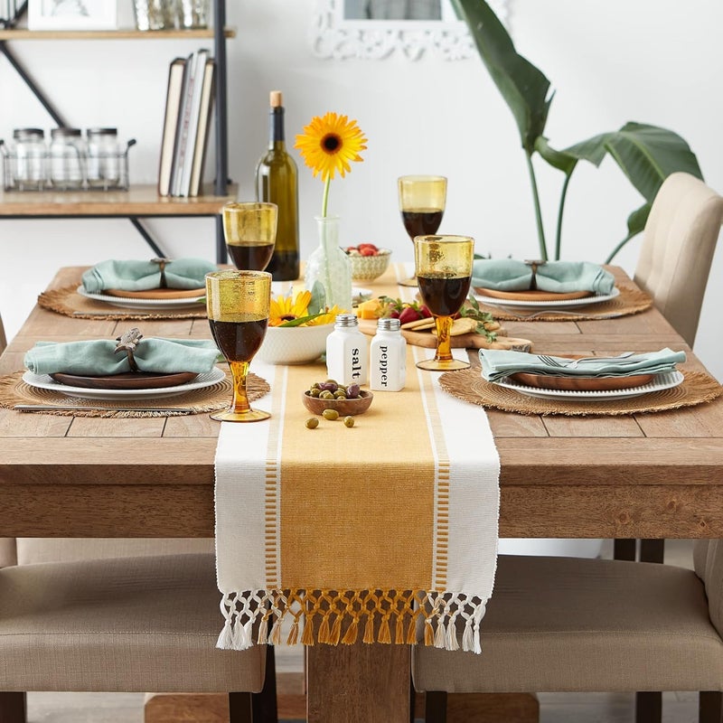 CRAZYWEAVES Cotton Table Runner with Tassels – 13x72 Inch, Yellow & White Handwoven Design, Boho Farmhouse Style for Dining Table, Centerpiece Décor, Kitchen or Living Room Use - Image 2