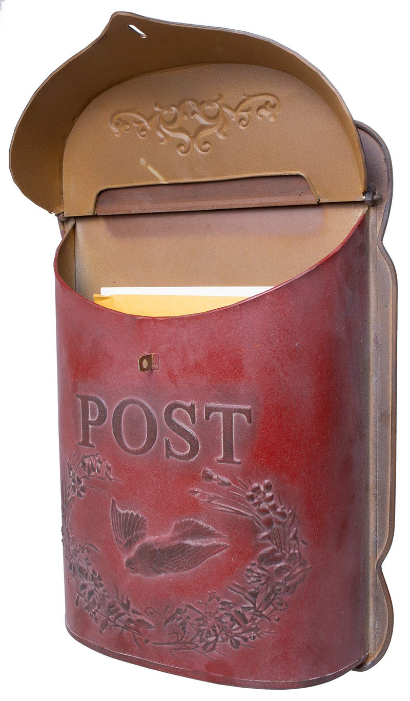 Red Co. 10.5â€ x 15.5â€ Shabby Chic Wall-Mounted Post Embossed Aged Metal Mailbox, Rusted Red - Image 2