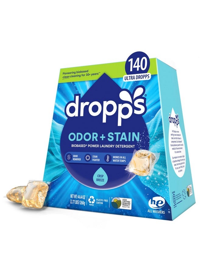 Dropps Odor & Stain Biobased Power Laundry Detergent Pods, Crisp Breeze (140 Pods) - HE Compatible Laundry Pods for Fresh Clothes - Laundry Soap Supplies & Recyclable Paperboard Packaging - Image 1