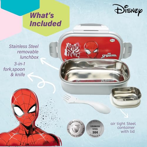 Gluman Lunch Box for School | Lunch Box for Kids | Tiffin Box with Steel Veg Box, Spork Spoon | Disney Spiderman Cartoon Character Removable Stainless Steel Inner SS-304 Lunch Box for Girl |800 ml - Image 4