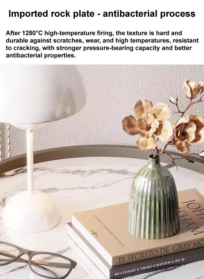 سي آند سي هوم طاولة جانبية دائرية حديثة مع سطح من الرخام ودرجين للتخزين - طاولة جانبية معاصرة بجانب السرير بتصميم بسيط، ولمسة نهائية من الجلد الصناعي، وأدراج ناعمة الإغلاق - طاولة مميزة أنيقة لغرفة النوم أو غرفة المعيشة أو المكتب 45 × 45 × 50 سم. - Image 4