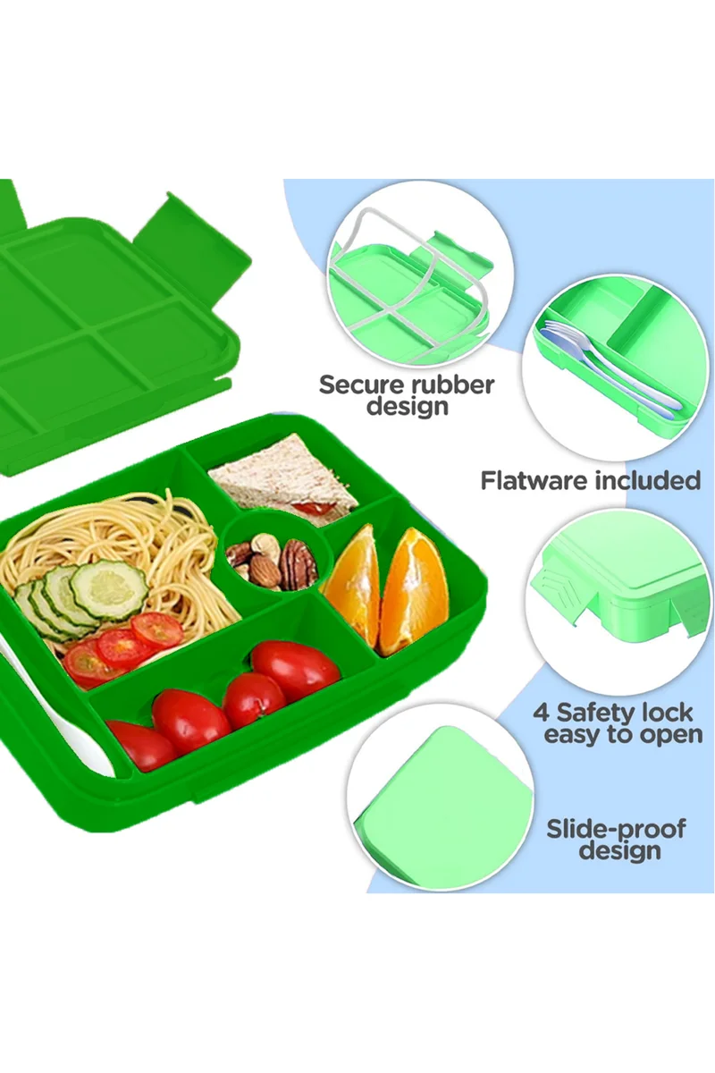 STAR BABiES Star Babies Jungle Green Theme Bento Lunch Box with 4 Compartments, BPA Free, Leak-Proof, Toddler-Friendly, 3 Years+ size 22*16.5*4.85cm, Microwave Safe, Easy to clean, Keep Fresh - Green