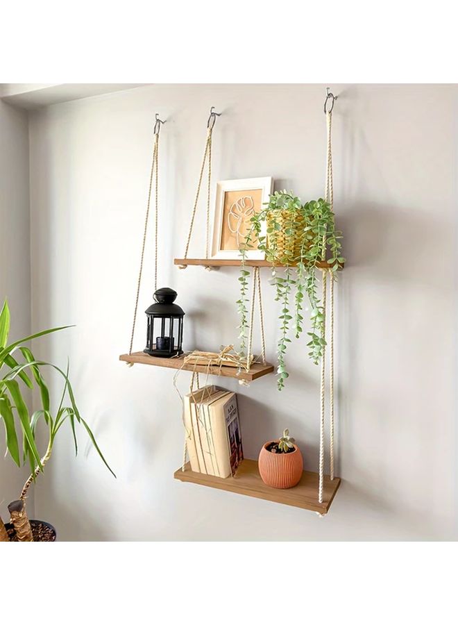 3 Tier Adjustable Hanging Wall Shelf Floating Wooden Storage Display Living Room - Image 1