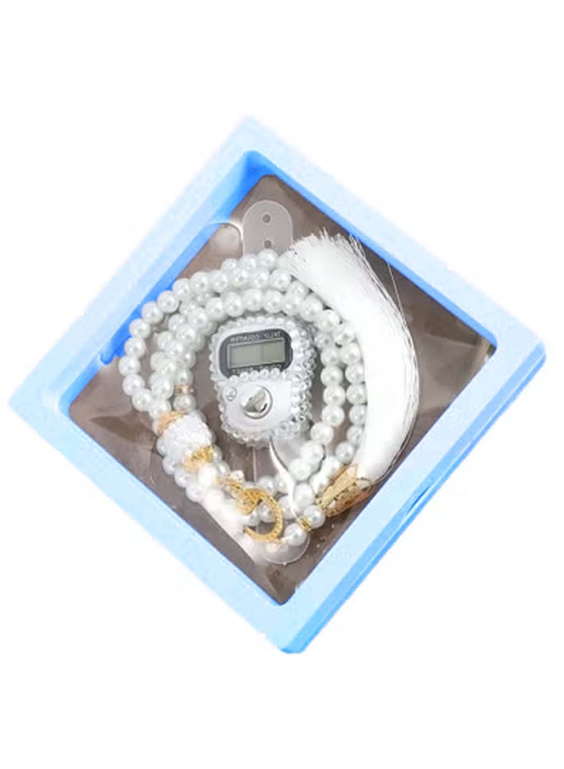 هويتك مجموعة هدايا مسبحة رقمية أنيقة مكونة من 99 خرزة زجاجية مع عداد رقمي، مسبحة بيضاء في علبة زرقاء. - Image 1