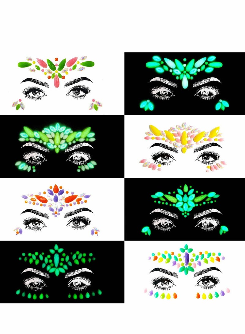 Excefore Face Jewels - Noctilucent Face Gems Mermaid Face Jewels Festival, Body Rhinestone Gems Rave Rainbow Face Crystals Luminous for Festival Music Carnival Party Makeup（8 Sets ） - Image 3