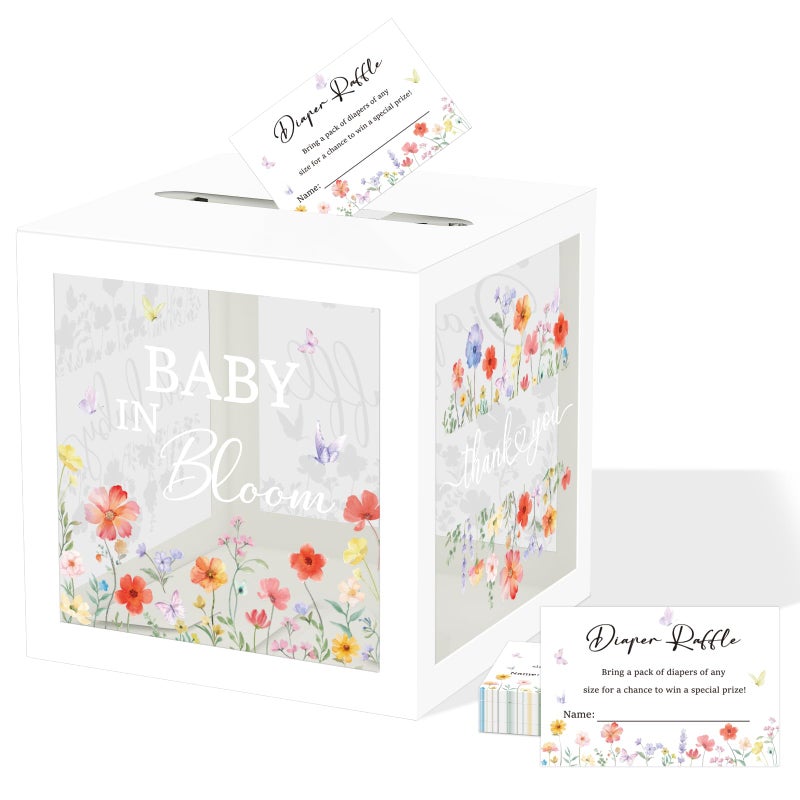 QISOLIY 50 Pieces Diaper Raffle Tickets with Box Baby Shower Game Invitations with Advice and Wishes for Baby Shower Games Gender Reveal Party Supplies (Clear Wildflower) - Image 1