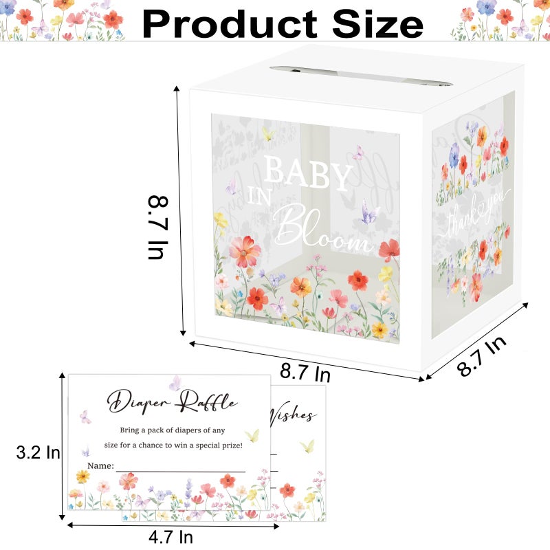 QISOLIY 50 Pieces Diaper Raffle Tickets with Box Baby Shower Game Invitations with Advice and Wishes for Baby Shower Games Gender Reveal Party Supplies (Clear Wildflower) - Image 2