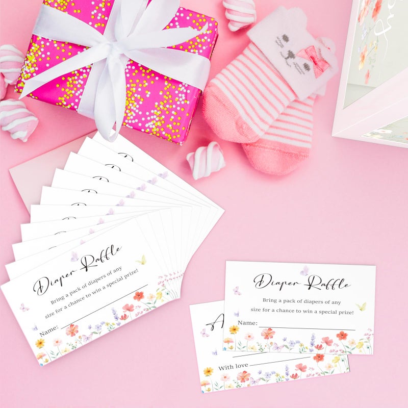 QISOLIY 50 Pieces Diaper Raffle Tickets with Box Baby Shower Game Invitations with Advice and Wishes for Baby Shower Games Gender Reveal Party Supplies (Clear Wildflower) - Image 5