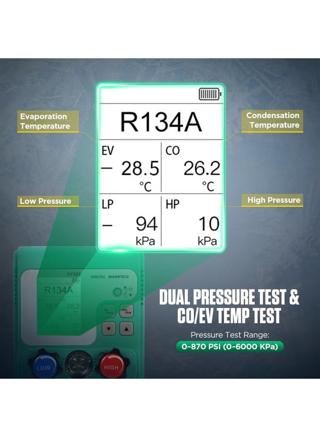 YUANRI عداد HVAC، 92 عدادات مانيفولد رقمي للغازات عدادات مجموعة عدادات مانيفولد HVAC R134A R410A مجموعة عدادات تكييف الهواء مع خرطوم عداد غاز التبريد الرقمي اختبار ضغط الفراغ مع شاشة ملونة HD بحجم 2.4 بوصة - Image 5