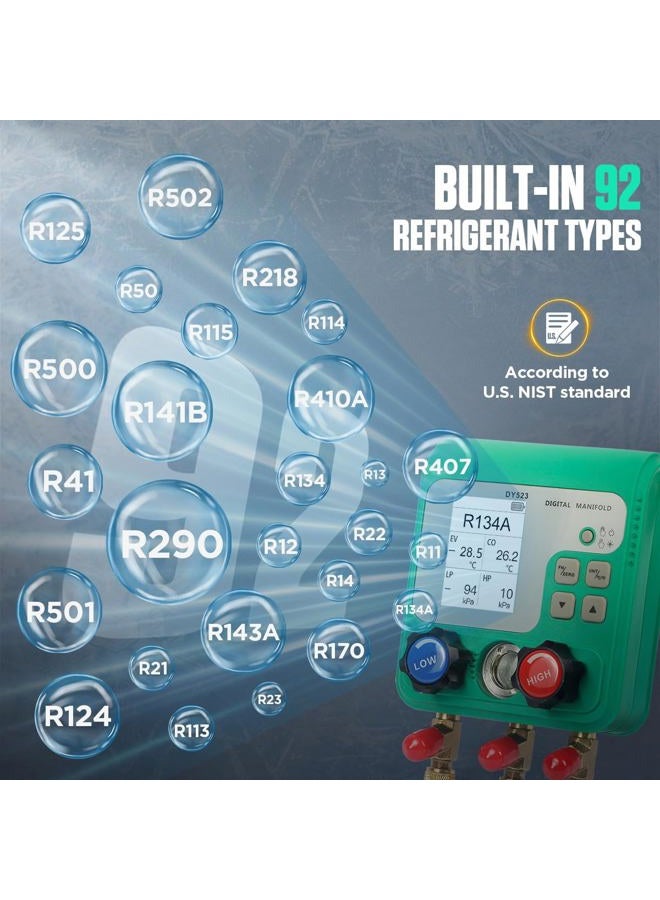 YUANRI عداد HVAC، 92 عدادات مانيفولد رقمي للغازات عدادات مجموعة عدادات مانيفولد HVAC R134A R410A مجموعة عدادات تكييف الهواء مع خرطوم عداد غاز التبريد الرقمي اختبار ضغط الفراغ مع شاشة ملونة HD بحجم 2.4 بوصة - Image 4
