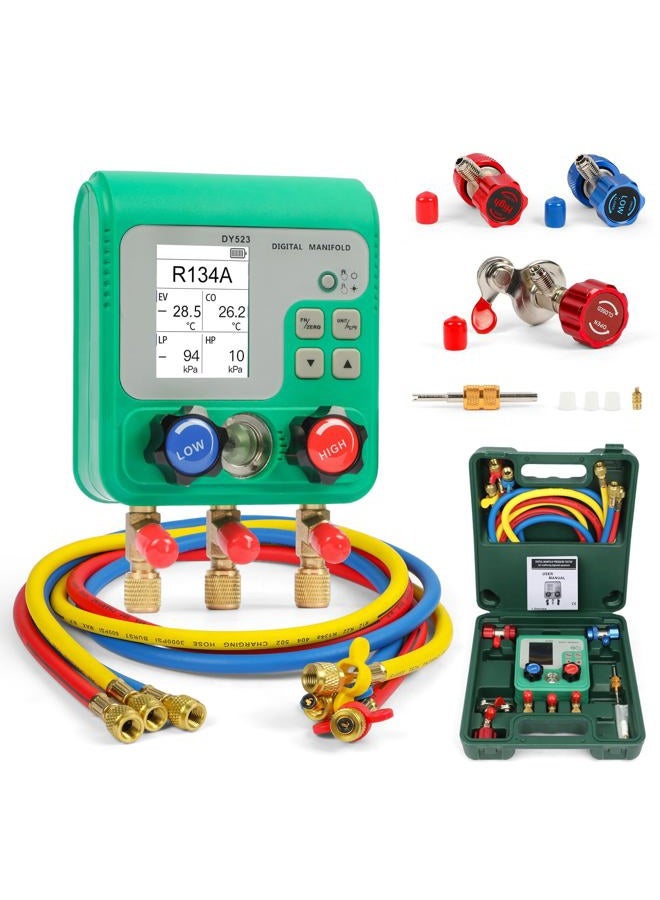 YUANRI عداد HVAC، 92 عدادات مانيفولد رقمي للغازات عدادات مجموعة عدادات مانيفولد HVAC R134A R410A مجموعة عدادات تكييف الهواء مع خرطوم عداد غاز التبريد الرقمي اختبار ضغط الفراغ مع شاشة ملونة HD بحجم 2.4 بوصة - Image 1