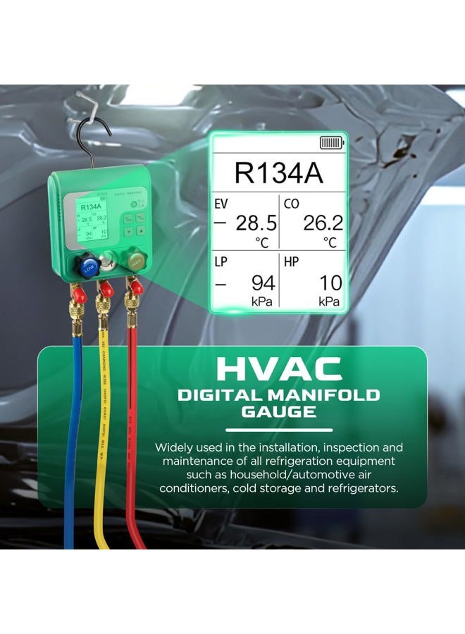 YUANRI عداد HVAC، 92 عدادات مانيفولد رقمي للغازات عدادات مجموعة عدادات مانيفولد HVAC R134A R410A مجموعة عدادات تكييف الهواء مع خرطوم عداد غاز التبريد الرقمي اختبار ضغط الفراغ مع شاشة ملونة HD بحجم 2.4 بوصة - Image 2