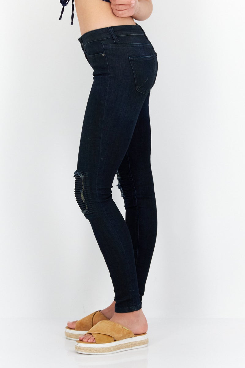 Tigha Women Skinny Fit Stretchable Textured Denim Jeans, Navy - Image 3