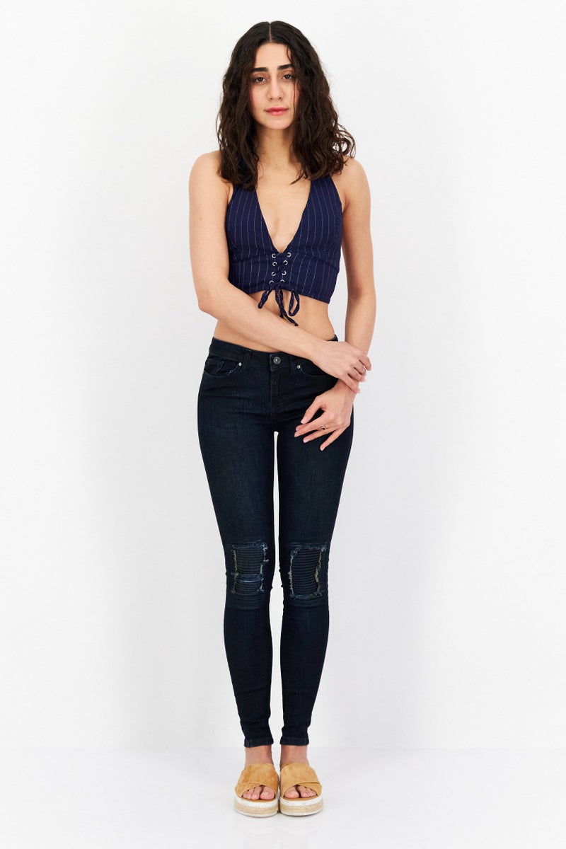 Tigha Women Skinny Fit Stretchable Textured Denim Jeans, Navy - Image 4
