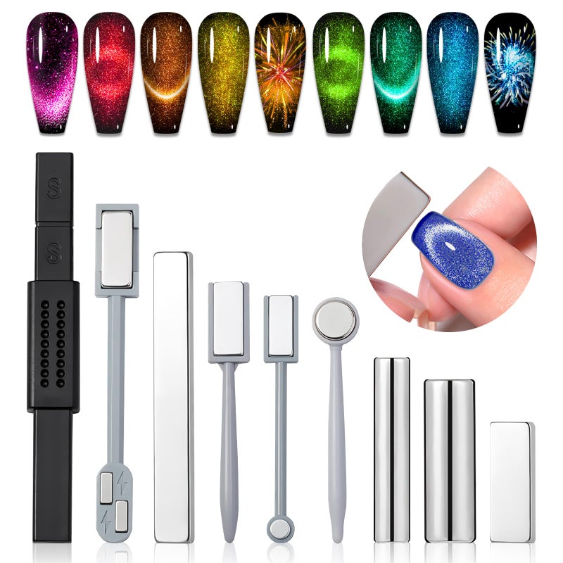 SAVILAND Cat Eye Magnetic for Nail: 9PCS Cat Eye Gel Nail Polish Magnet Tools Set Strong Suction Nail Magnet Nails Square Round Magnet Stick Diverse Cat Eye Effect Double Ended Nail Salon Art Tools - Image 1