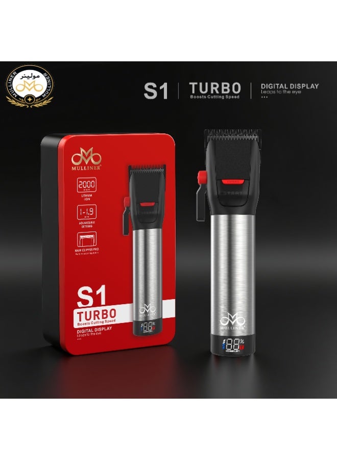 MULLINER S1 Professional Hair Clipper | Turbo Speed, Digital Display, Adjustable 1–19mm, 2000mAh Lithium Battery - Image 2
