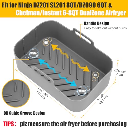 MMH 2Pcs Air Fryer Silicone Liners Rectangular for Ninja Foodi Dual DZ201 8QT/DZ090 6QT/Ninja DoubleStack SL201 8QT, MMH Reusable Airfryer Pot Baking Basket | Non-stick | Easy Cleaning | Food Safe | Gray - Image 2