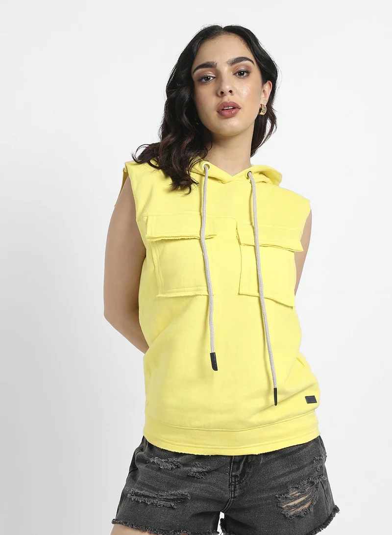 Campus Sutra Women's Light Yellow Sleeveless Hoodie With Flap Pockets