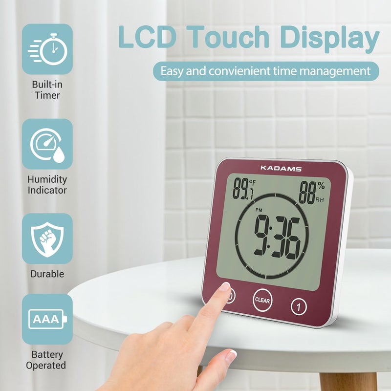 KADAMS Digital Bathroom Shower Kitchen Wall Clock Timer with Alarm, Waterproof for Water Spray, Touch Screen Timer, Temperature Humidity, Suction Cup Hanging Hole Stand - Terra Rose - Image 4