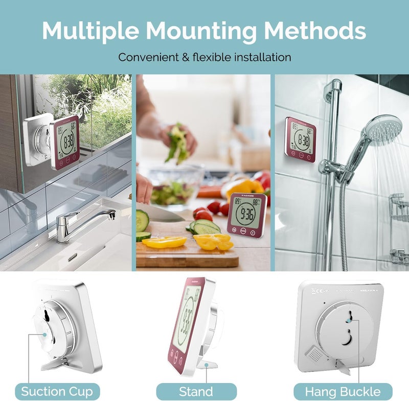 KADAMS Digital Bathroom Shower Kitchen Wall Clock Timer with Alarm, Waterproof for Water Spray, Touch Screen Timer, Temperature Humidity, Suction Cup Hanging Hole Stand - Terra Rose - Image 2